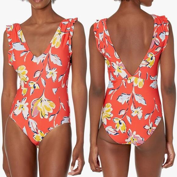 NWT Catalina One Piece Swimsuit Womens L Red Tropical Floral Ruffle V-Neck - Picture 1 of 6